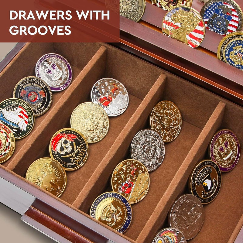 ULTRGEE Challenge Coin Display Case, Military Coin Collection Holder with Wooden Coin Box, Drawers, and Clear Acrylic Lid – Gifts for Coins Collectors (6 Rows) - Image 5